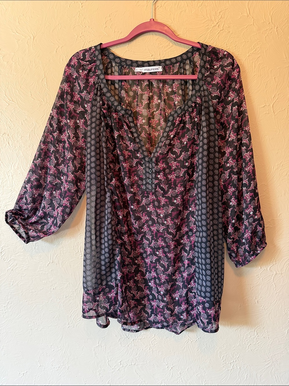 Maurices Black Sheer Tunic with Pink Floral Print polyester plus size 1